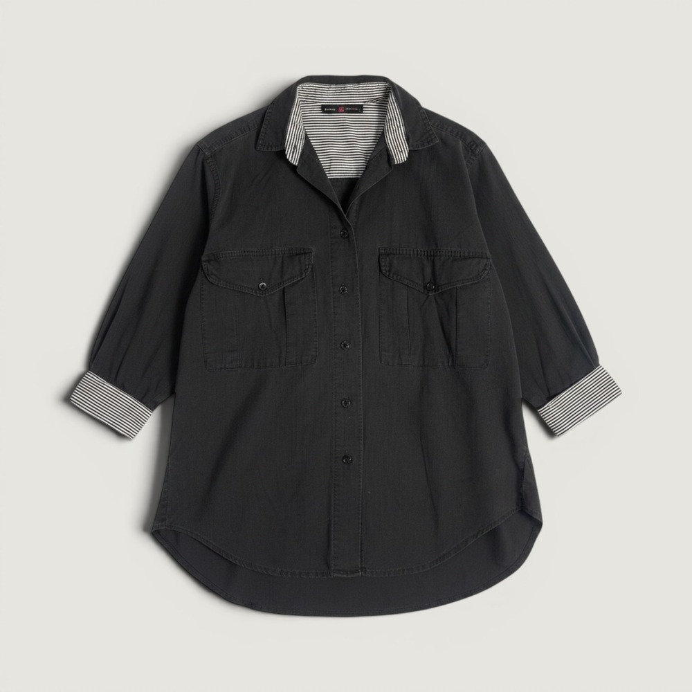 Desert Rose Black Cotton Button Down Shirt Striped Trim Utility Top M